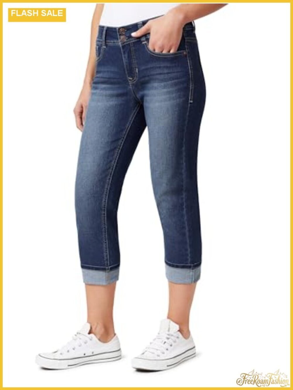 Curvy Skinny Mid-Rise Crop Jeans Bling Pockets Stretch Denim Capris